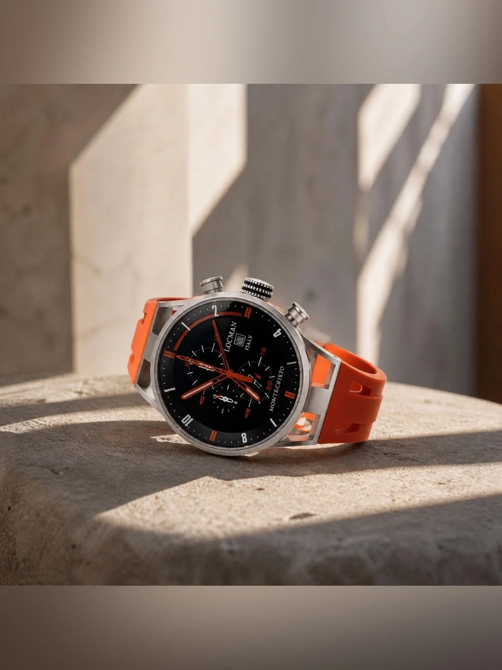 Locman Italy Montecristo Chronograph 44mm Black Dial Orange Strap Watch